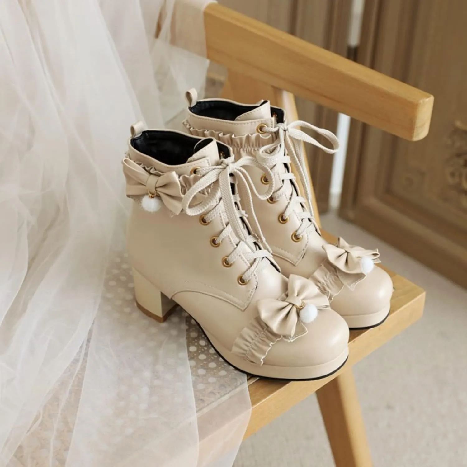 KIKIVIVI Womens Cute Ankle Boots Chunky Heel Lace Up Party Booties with Bow