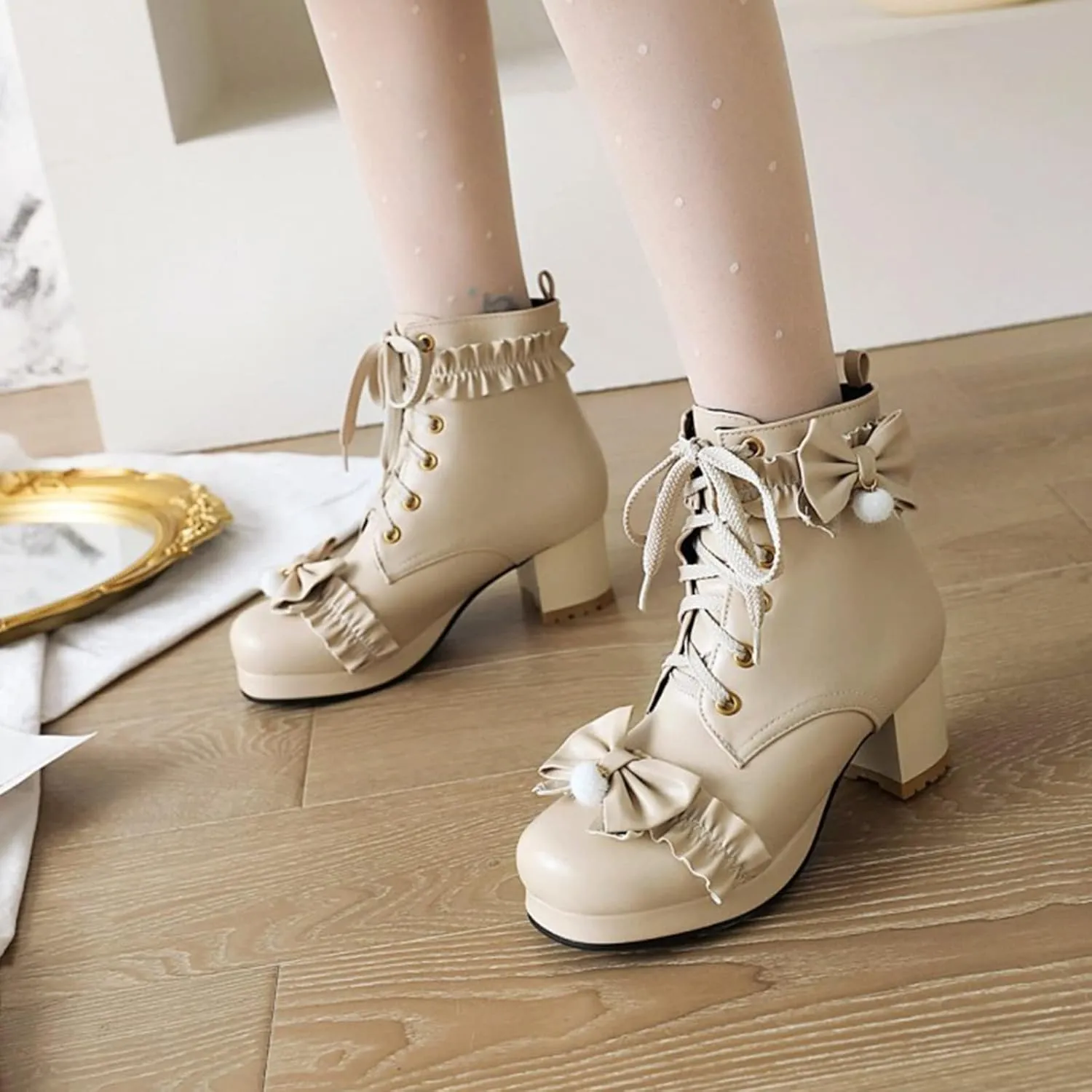 KIKIVIVI Womens Cute Ankle Boots Chunky Heel Lace Up Party Booties with Bow