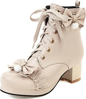 KIKIVIVI Womens Cute Ankle Boots Chunky Heel Lace Up Party Booties with Bow