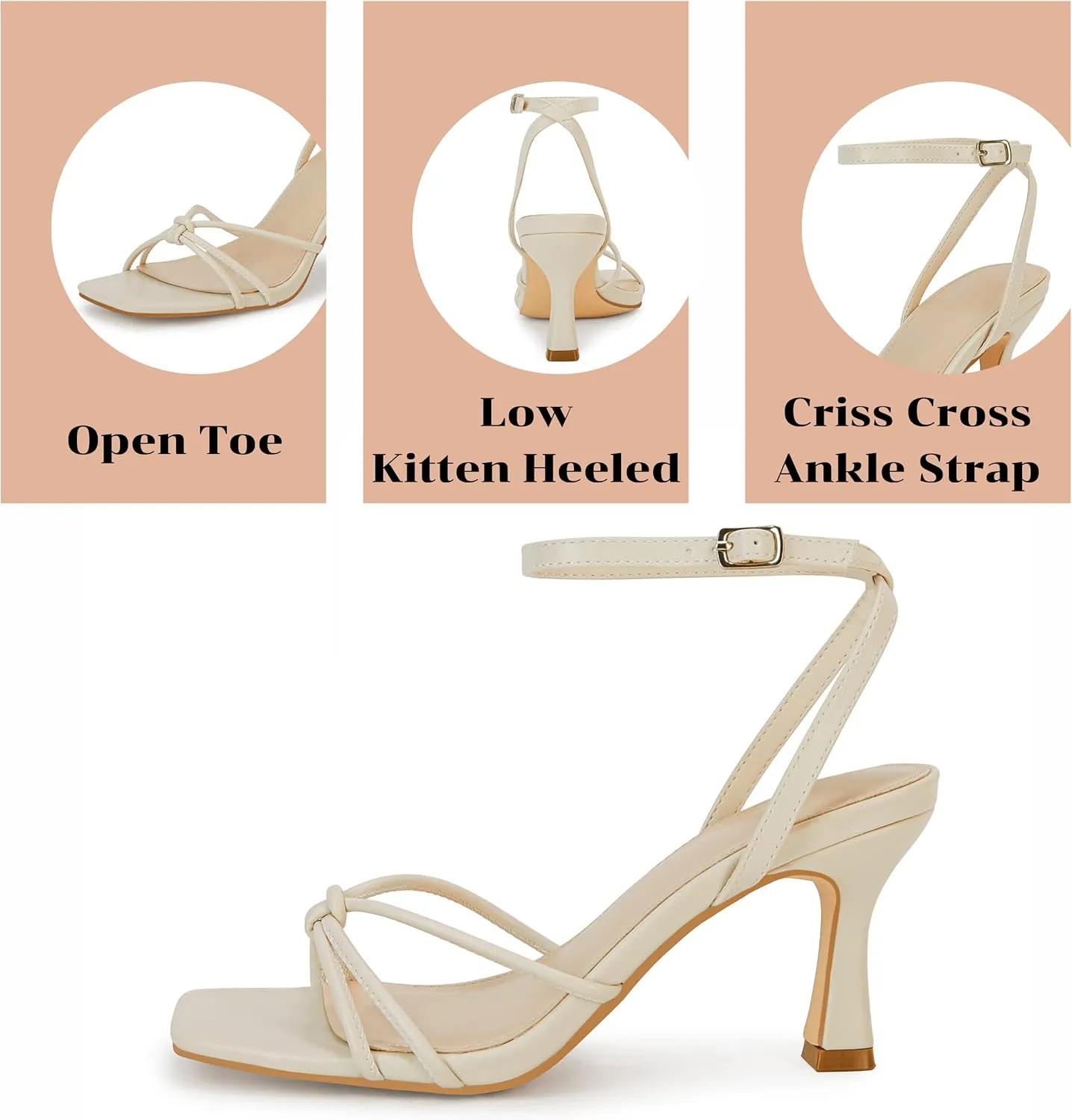 LAICIGO Women's Square Open Toe Heeled Sandals Stiletto Kitten Heel Ankle Buckle Strap Slingback Summer Dress Sandals