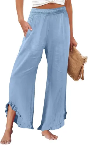 Linen Pants Women Summer Wide Leg Pants Smocked Waist Ruffle Hem Palazzo Pant Boho Flowy Beach Pant with Pockets 2025