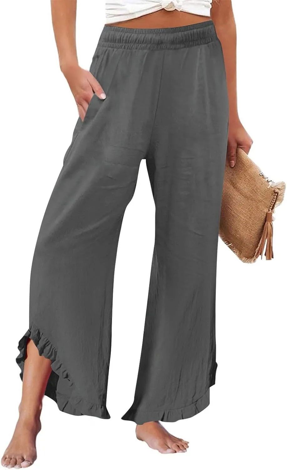 Linen Pants Women Summer Wide Leg Pants Smocked Waist Ruffle Hem Palazzo Pant Boho Flowy Beach Pant with Pockets 2025