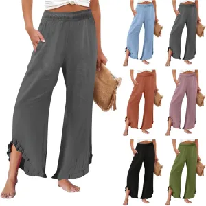 Linen Pants Women Summer Wide Leg Pants Smocked Waist Ruffle Hem Palazzo Pant Boho Flowy Beach Pant with Pockets 2025