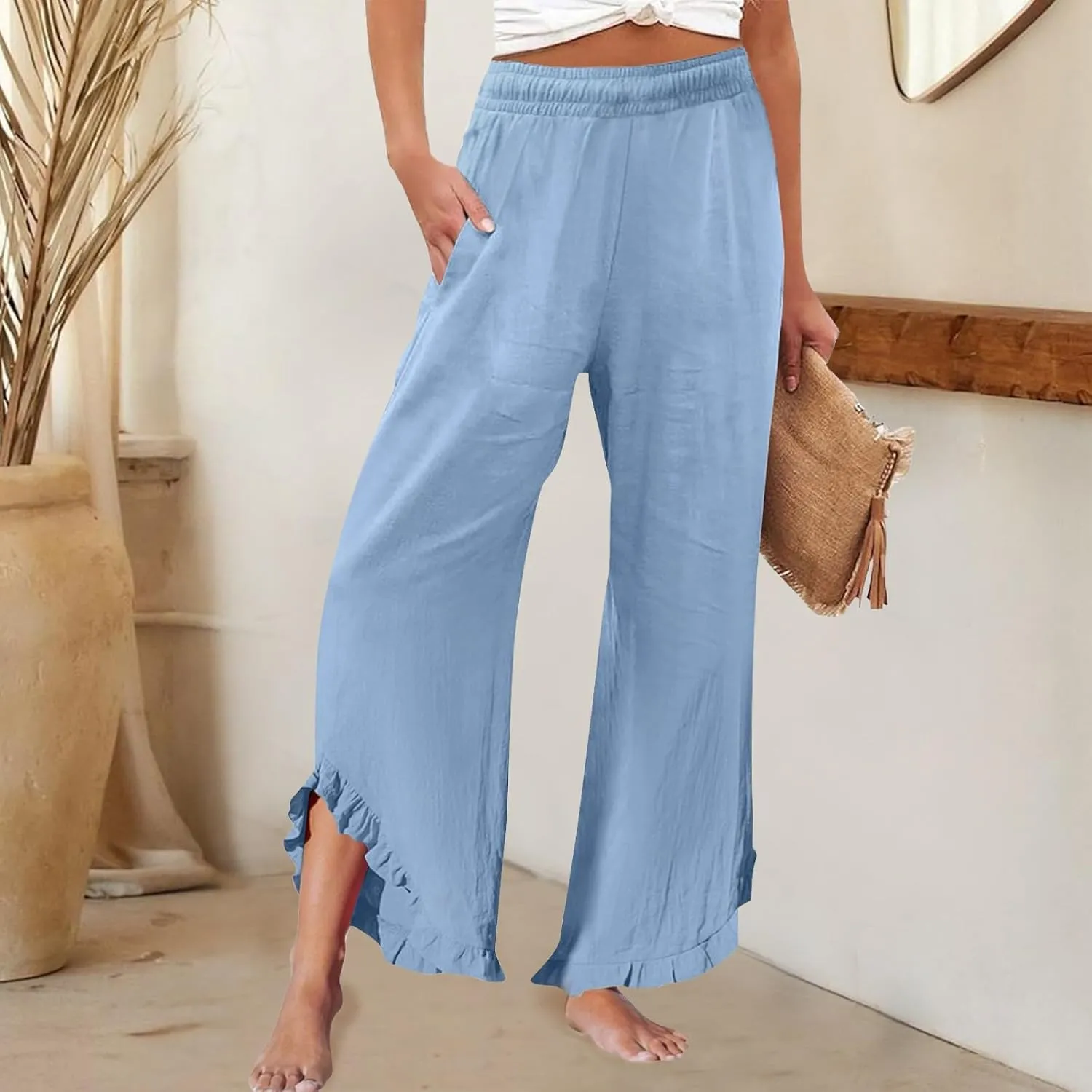 Linen Pants Women Summer Wide Leg Pants Smocked Waist Ruffle Hem Palazzo Pant Boho Flowy Beach Pant with Pockets 2025