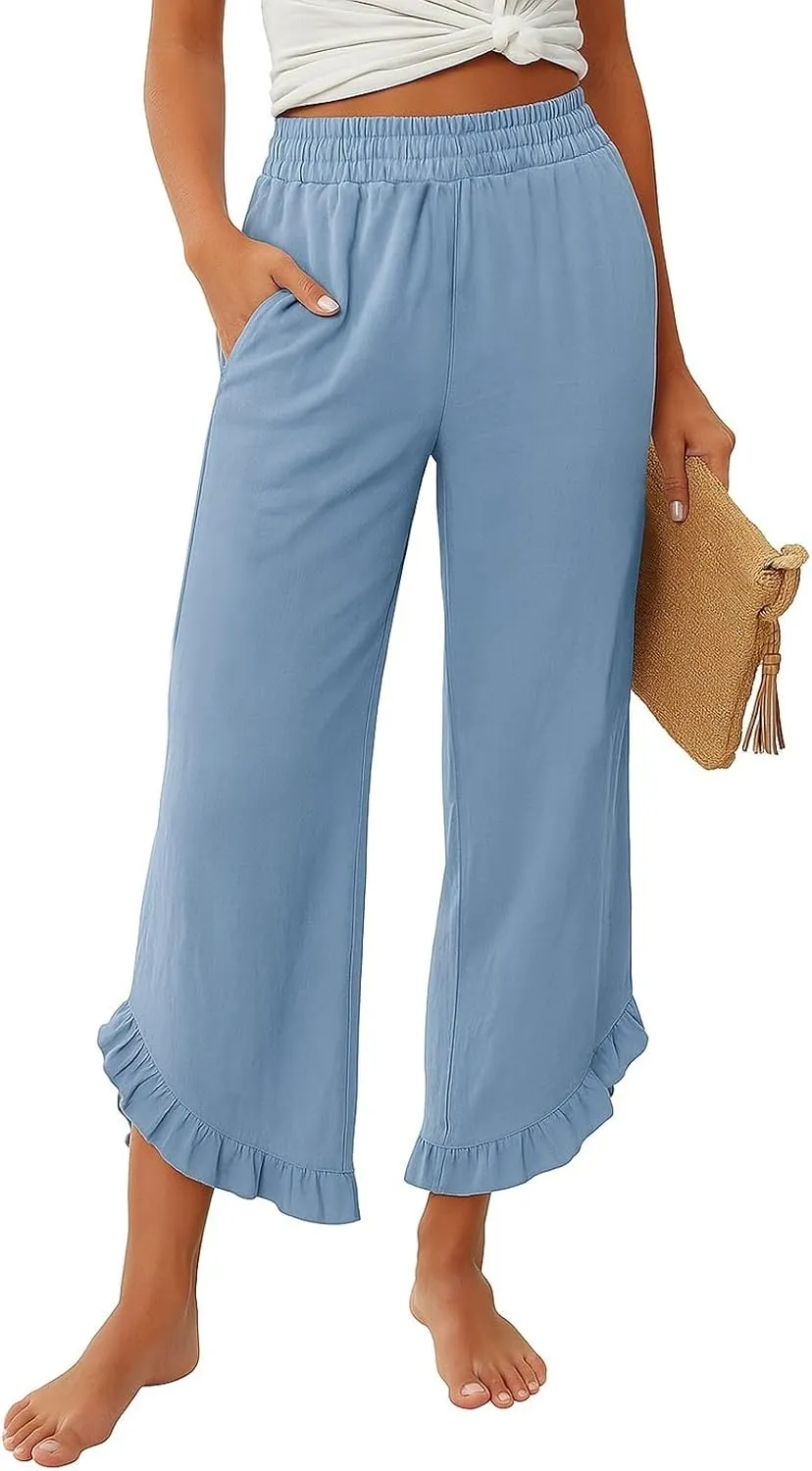Linen Pants Women Summer Wide Leg Pants Smocked Waist Ruffle Hem Palazzo Pant Boho Flowy Beach Pant with Pockets 2025