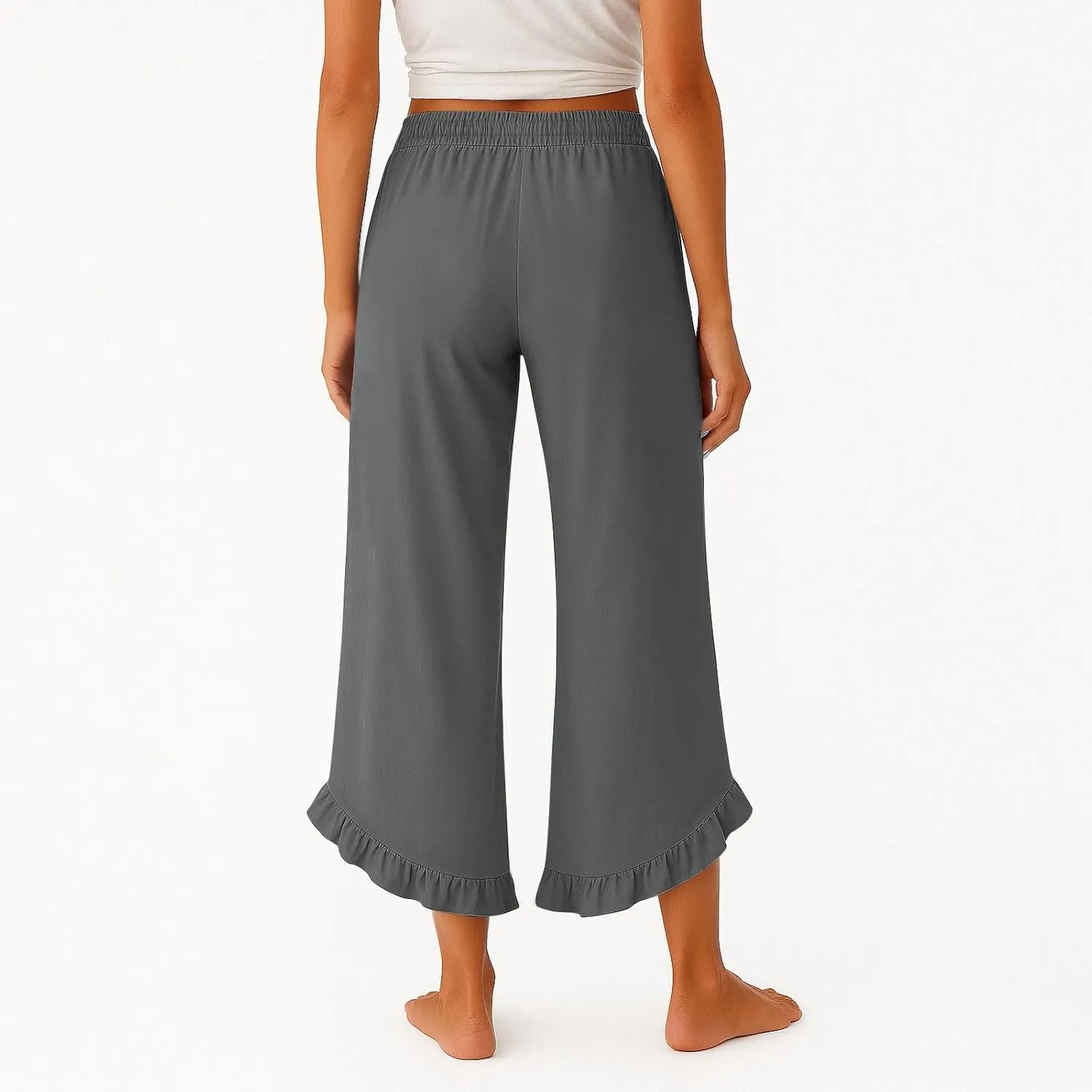 Linen Pants Women Summer Wide Leg Pants Smocked Waist Ruffle Hem Palazzo Pant Boho Flowy Beach Pant with Pockets 2025