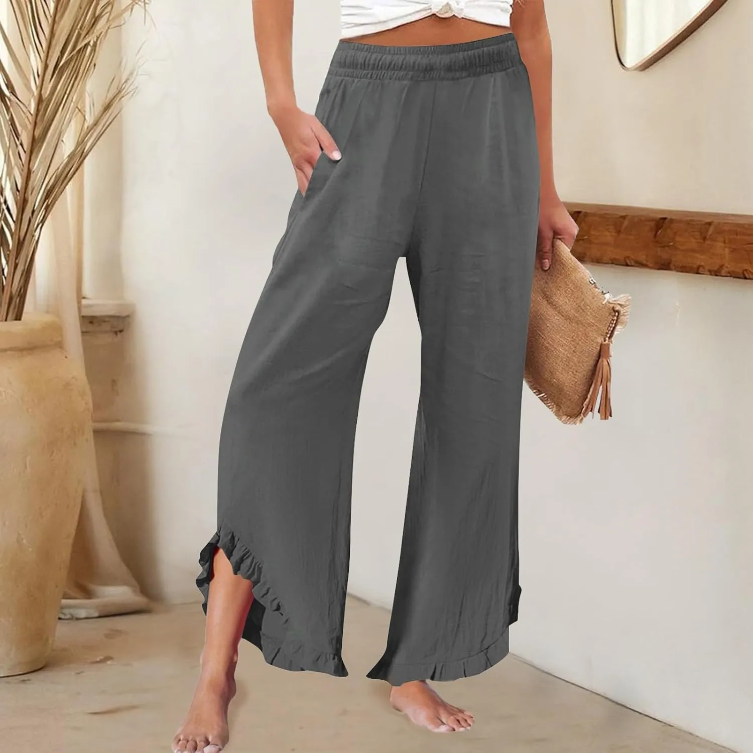 Linen Pants Women Summer Wide Leg Pants Smocked Waist Ruffle Hem Palazzo Pant Boho Flowy Beach Pant with Pockets 2025