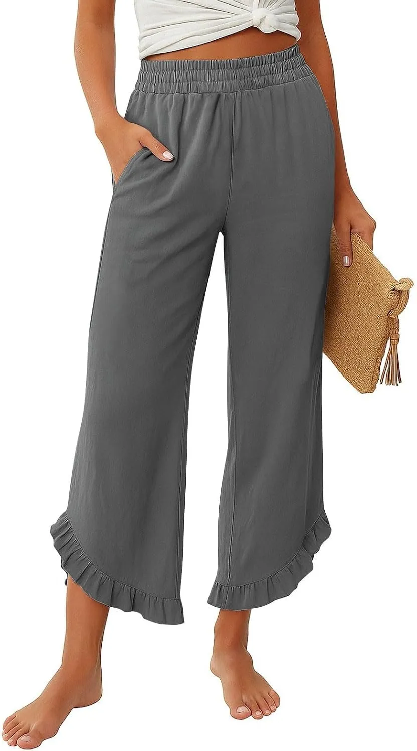 Linen Pants Women Summer Wide Leg Pants Smocked Waist Ruffle Hem Palazzo Pant Boho Flowy Beach Pant with Pockets 2025
