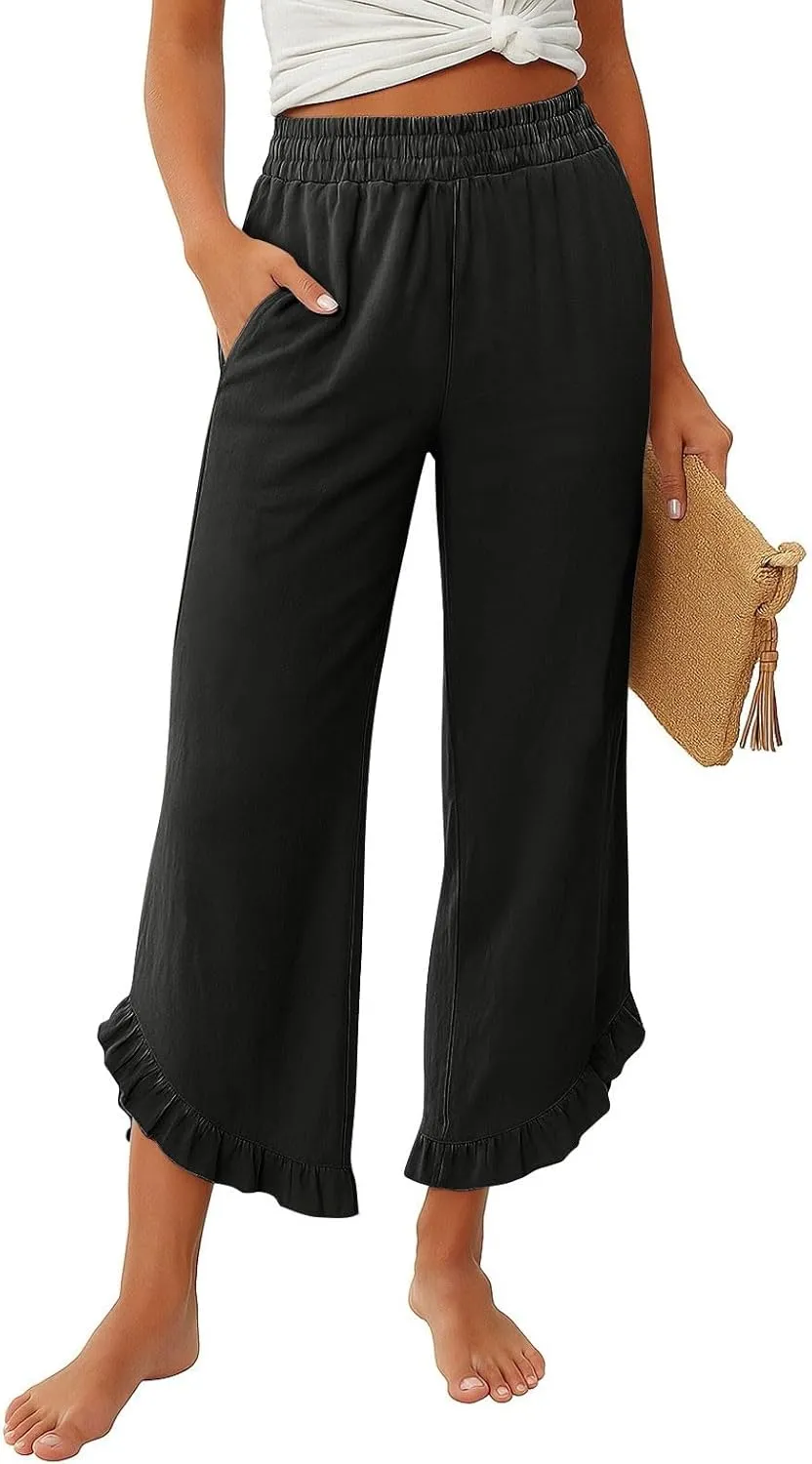 Linen Pants Women Summer Wide Leg Pants Smocked Waist Ruffle Hem Palazzo Pant Boho Flowy Beach Pant with Pockets 2025