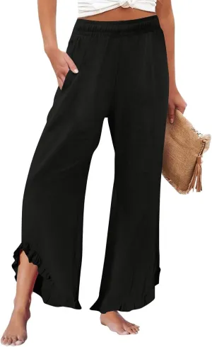 Linen Pants Women Summer Wide Leg Pants Smocked Waist Ruffle Hem Palazzo Pant Boho Flowy Beach Pant with Pockets 2025