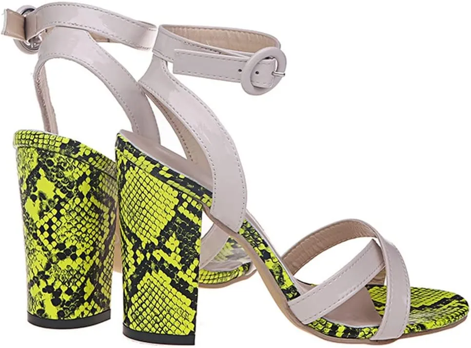 LUXMAX Women Snake Print Sandals Chunky Heel Ankle Strap Sandals Open Toe Block Slingback Animal Sandals
