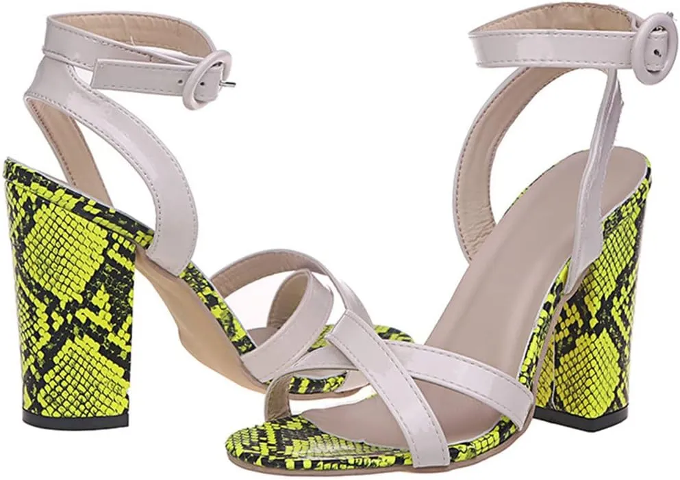 LUXMAX Women Snake Print Sandals Chunky Heel Ankle Strap Sandals Open Toe Block Slingback Animal Sandals