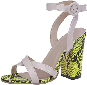 LUXMAX Women Snake Print Sandals Chunky Heel Ankle Strap Sandals Open Toe Block Slingback Animal Sandals