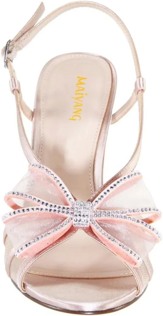 Maiyang Women Open Toe Rhinestone Bowknot Mesh Sandals Slingback Buckled Thin Mid Heels Charming Party Date Shoes Size 4-16 US