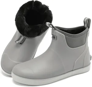 Men's Deck Boots with Fuzzy Lining Rubber Ankle Fishing Boots for Men, Anti-Slip Warm Winter Boots, Waterproof Snow Boots for Gardening, Boating, Camping, Sailing, and Outdoor Activities