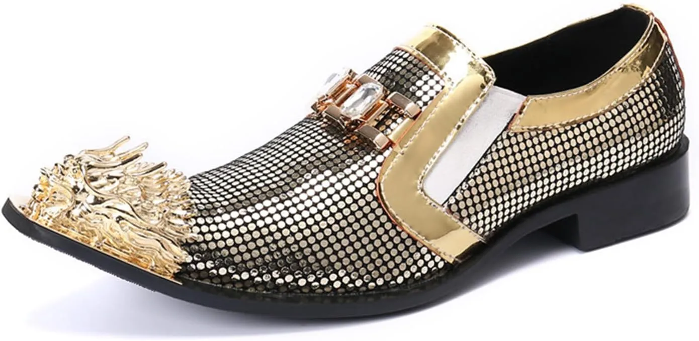 Mens Dress Shoes, Gold Loafers Genuine Leather Slip on Casual Business Plus Size Low Top Metal Toe Breathable Suit Groom Wedding Shoes, 42 EU,Gold