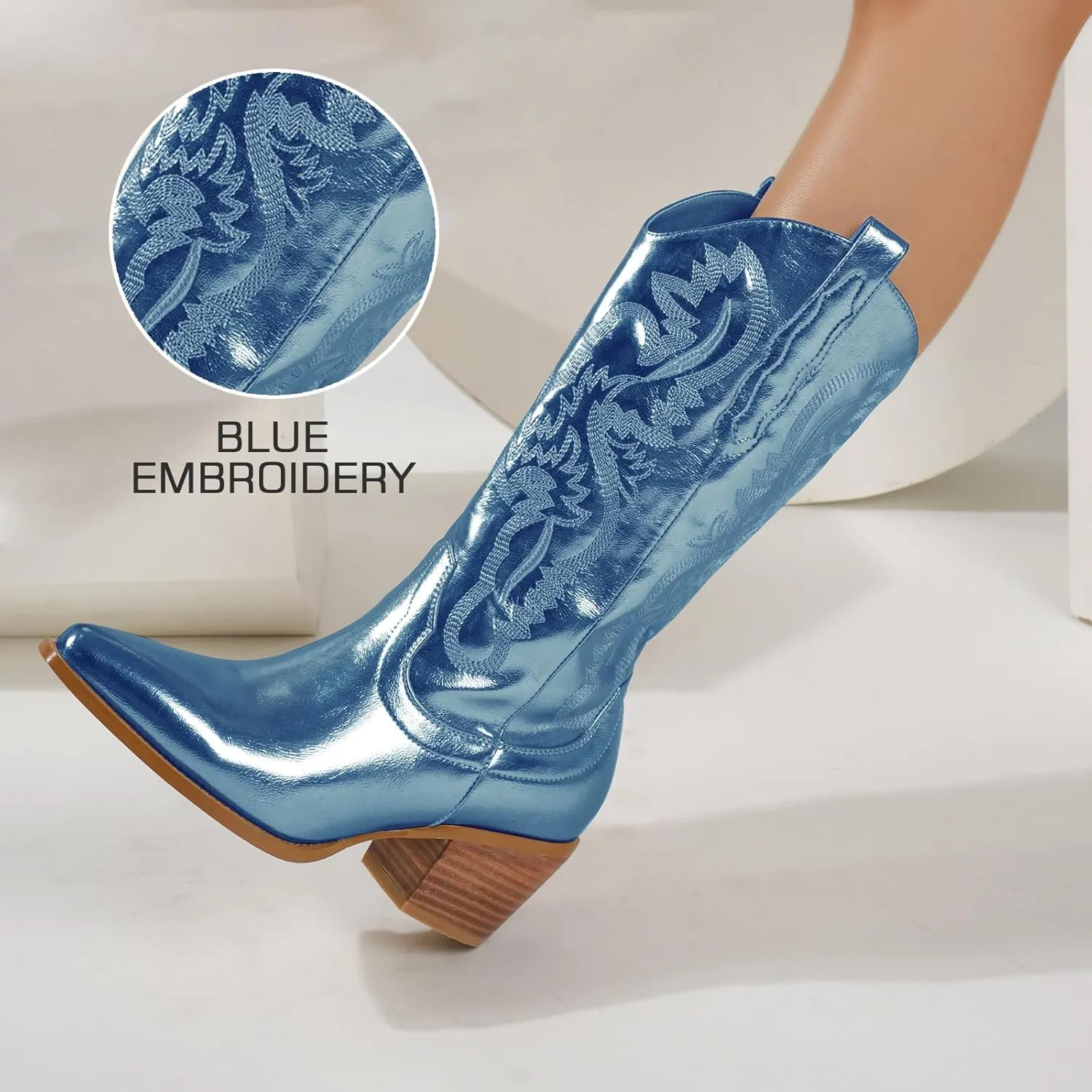 Mid Calf Metallic Cowboy Boots For Women Glitter Western Embroidered Cowgirl Boots Wide Calf Chunky Heel Wide Calf Short Boots Pull on Pointy Toe Fashion Vintage Boots