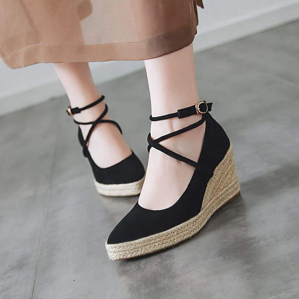 MIOKE Women's Espadrille Wedge Sandals Pointed Toe Ankle Strappy Chunky Platform High Heel Dress Shoes