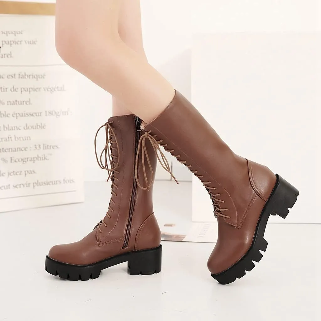 MIOKE Women's Round Toe Lace Up Dressy Boots Mid Wide Calf Platform Chunky Mid Heel Western Riding Boots