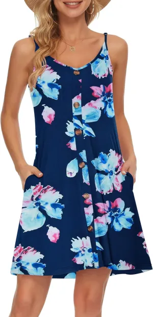 MISFAY Women Summer Spaghetti Strap Button Down V Neck Sleeveless Causal Beach Cover Up Dress with Pockets