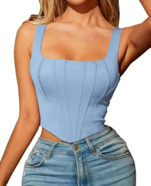 MOALLUOM Sexy Clubwear Women Vintage Bustier Crop Tops Sleeveless Stretch Backless Square Neck Y2k Corset Top Outfits