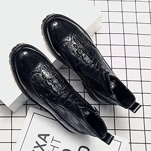 New Men's Ankle Boots Anti-slip Wearable Slip Resistant Carved Brogue Win Tip Side Zip Crocodile Print PU Classic Dress Stylish