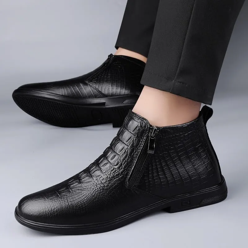 New Men's Ankle Boots Slip Resistant Block Heel Leather Crocodile Print Double Side Zip Classic Vintage