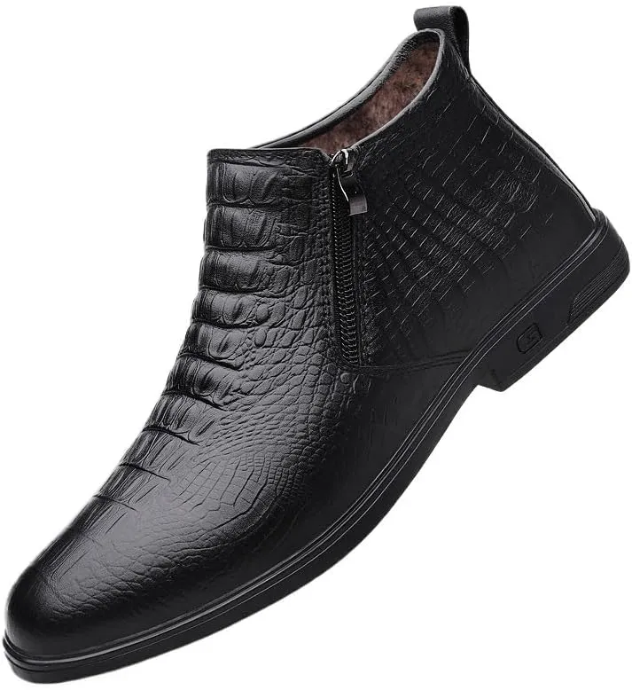 New Men's Ankle Boots Slip Resistant Block Heel Leather Crocodile Print Double Side Zip Classic Vintage