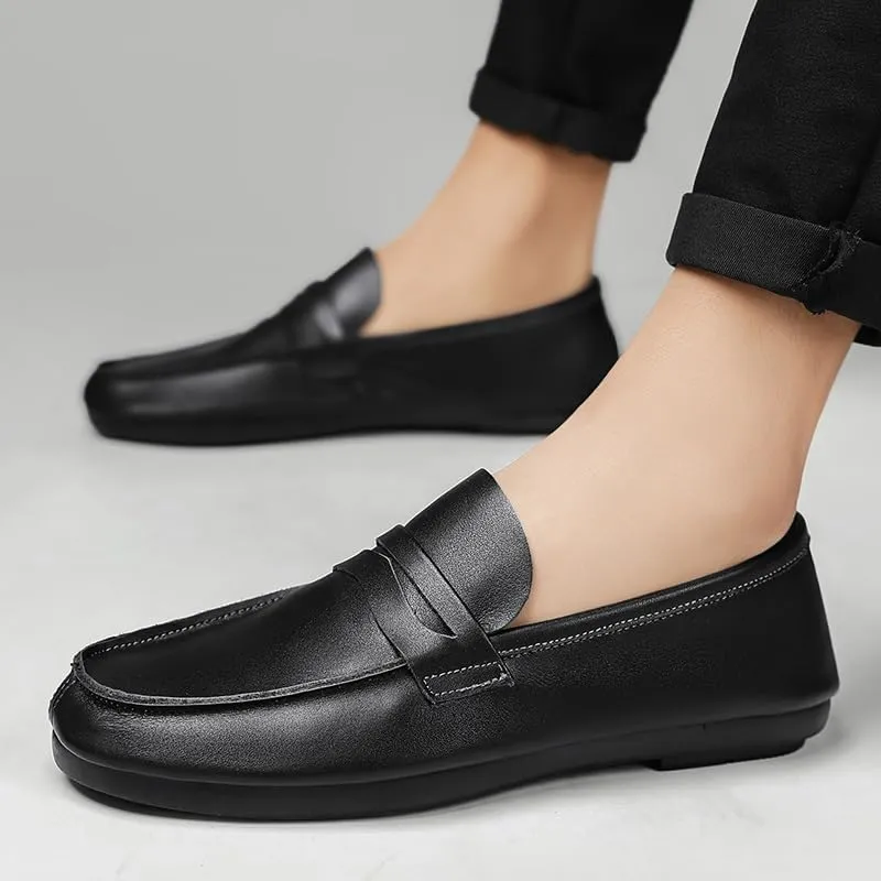 New Men's Loafers Round Toe Split Toe Solid Color Leather Penny Loafers Flexible Lightweight Comfortable Fashion Slip-on