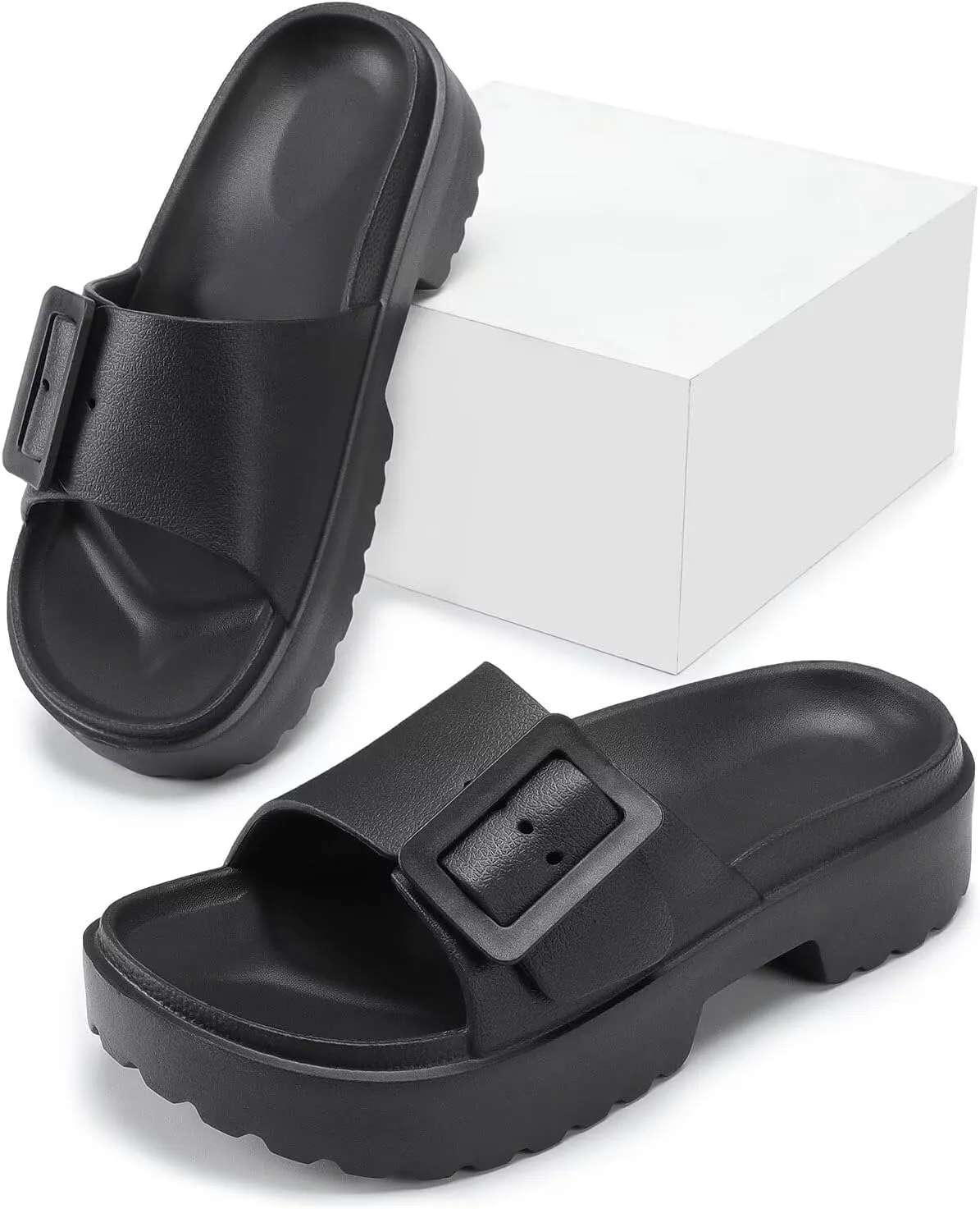 NineCiFun Women's Platform Sandals Low Wedge Sandals Open Toe Slide Sandals With Adjustable Buckle