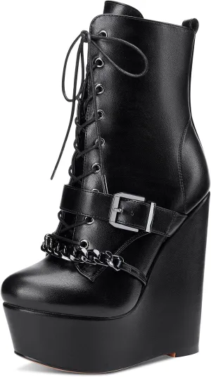 NobleOnly Womens High Heel Platform Wedge Ankle Boots Round-Toe Lace Up Rivet Boot with Zipper 6" Heel Shoes