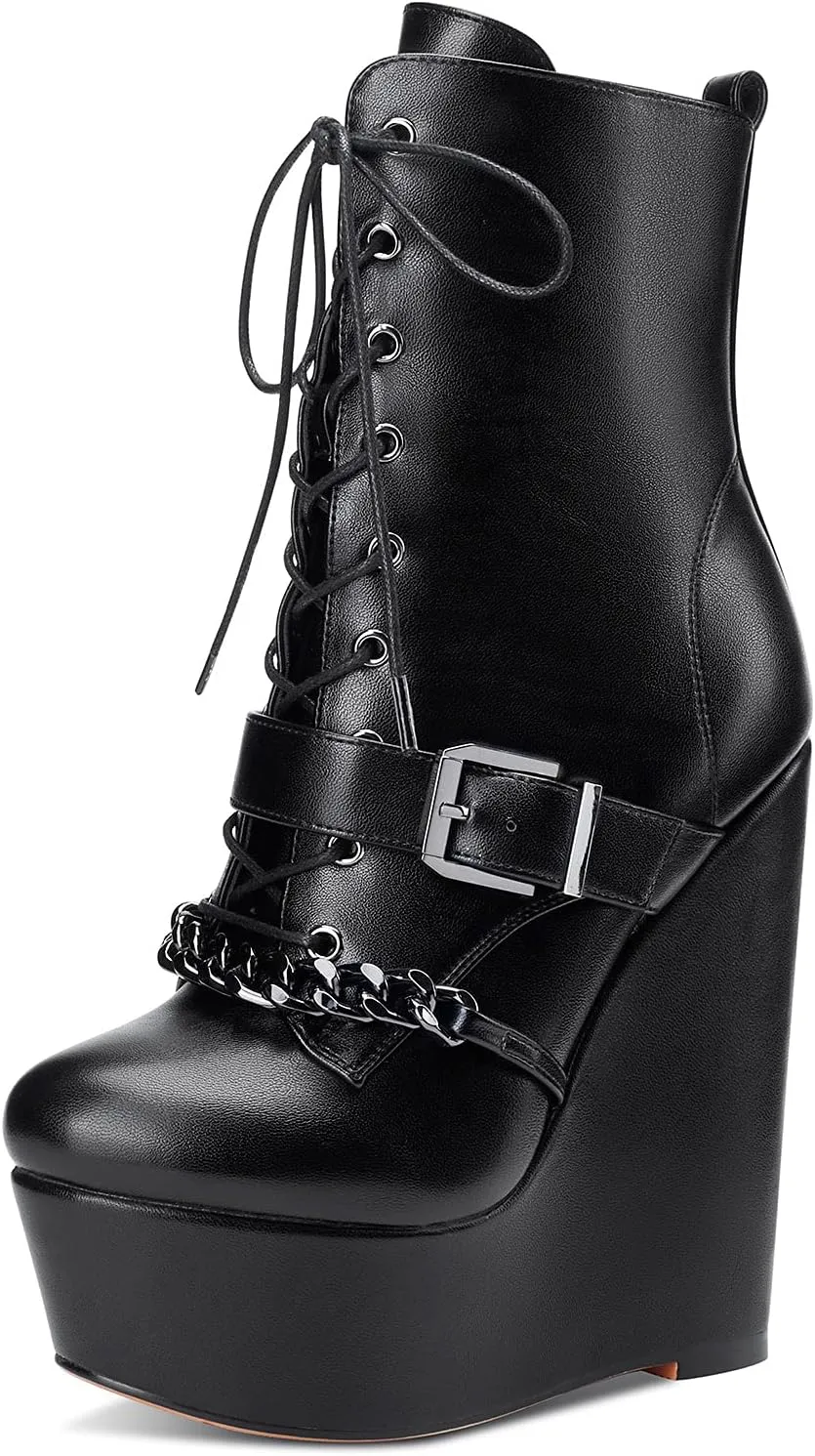 NobleOnly Womens High Heel Platform Wedge Ankle Boots Round-Toe Lace Up Rivet Boot with Zipper 6" Heel Shoes