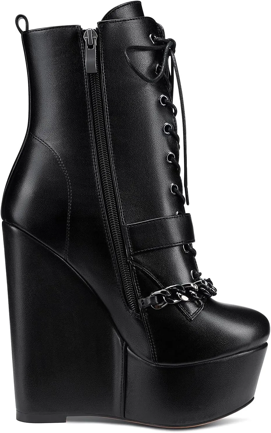 NobleOnly Womens High Heel Platform Wedge Ankle Boots Round-Toe Lace Up Rivet Boot with Zipper 6" Heel Shoes