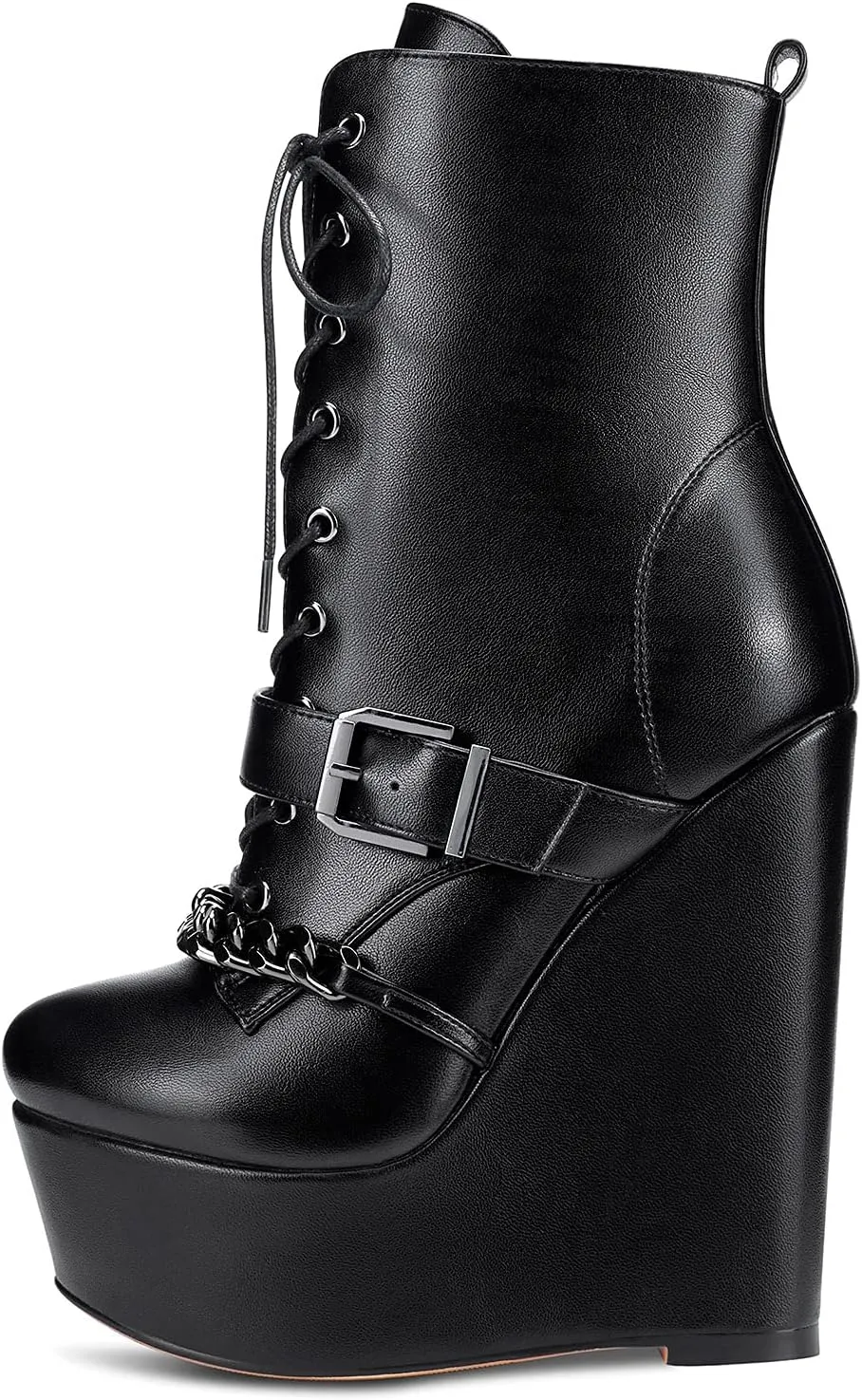 NobleOnly Womens High Heel Platform Wedge Ankle Boots Round-Toe Lace Up Rivet Boot with Zipper 6" Heel Shoes