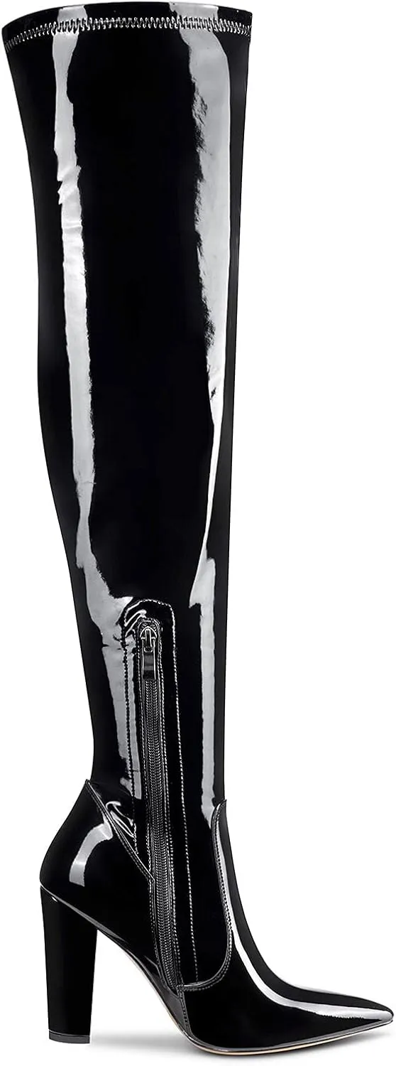 NobleOnly Women's High Heels Over Knee Boots Pointed-Toe Sexy Boot with Zipper Basic Office Boot 4" Chunky Heel Shoes
