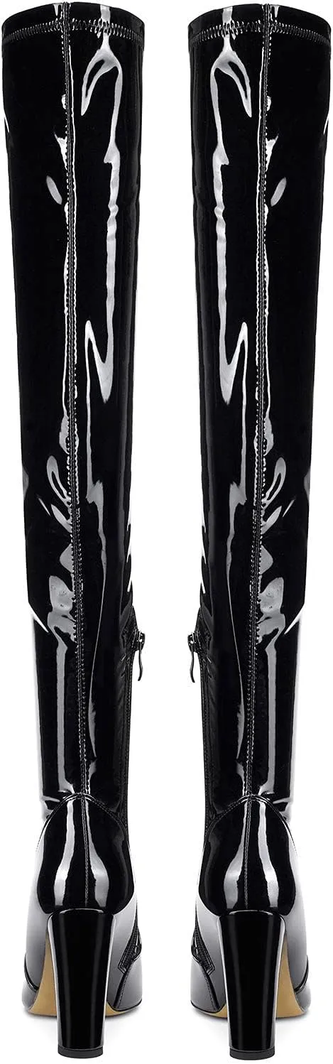 NobleOnly Women's High Heels Over Knee Boots Pointed-Toe Sexy Boot with Zipper Basic Office Boot 4" Chunky Heel Shoes