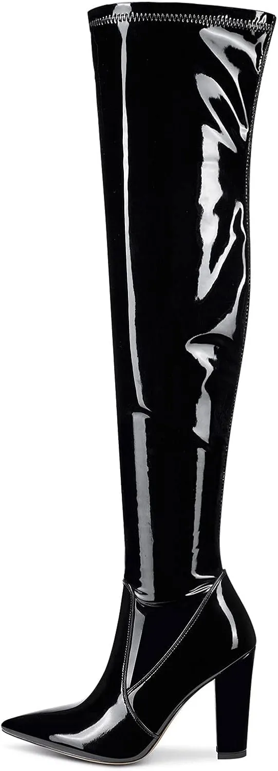 NobleOnly Women's High Heels Over Knee Boots Pointed-Toe Sexy Boot with Zipper Basic Office Boot 4" Chunky Heel Shoes