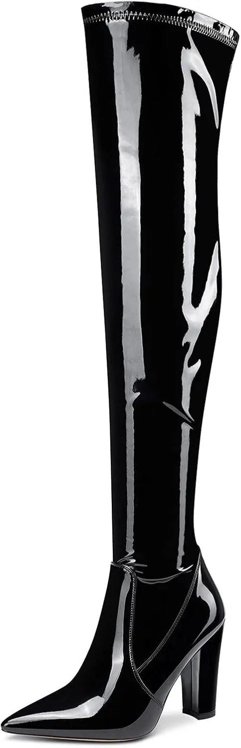 NobleOnly Women's High Heels Over Knee Boots Pointed-Toe Sexy Boot with Zipper Basic Office Boot 4" Chunky Heel Shoes