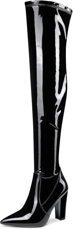 NobleOnly Women's High Heels Over Knee Boots Pointed-Toe Sexy Boot with Zipper Basic Office Boot 4" Chunky Heel Shoes
