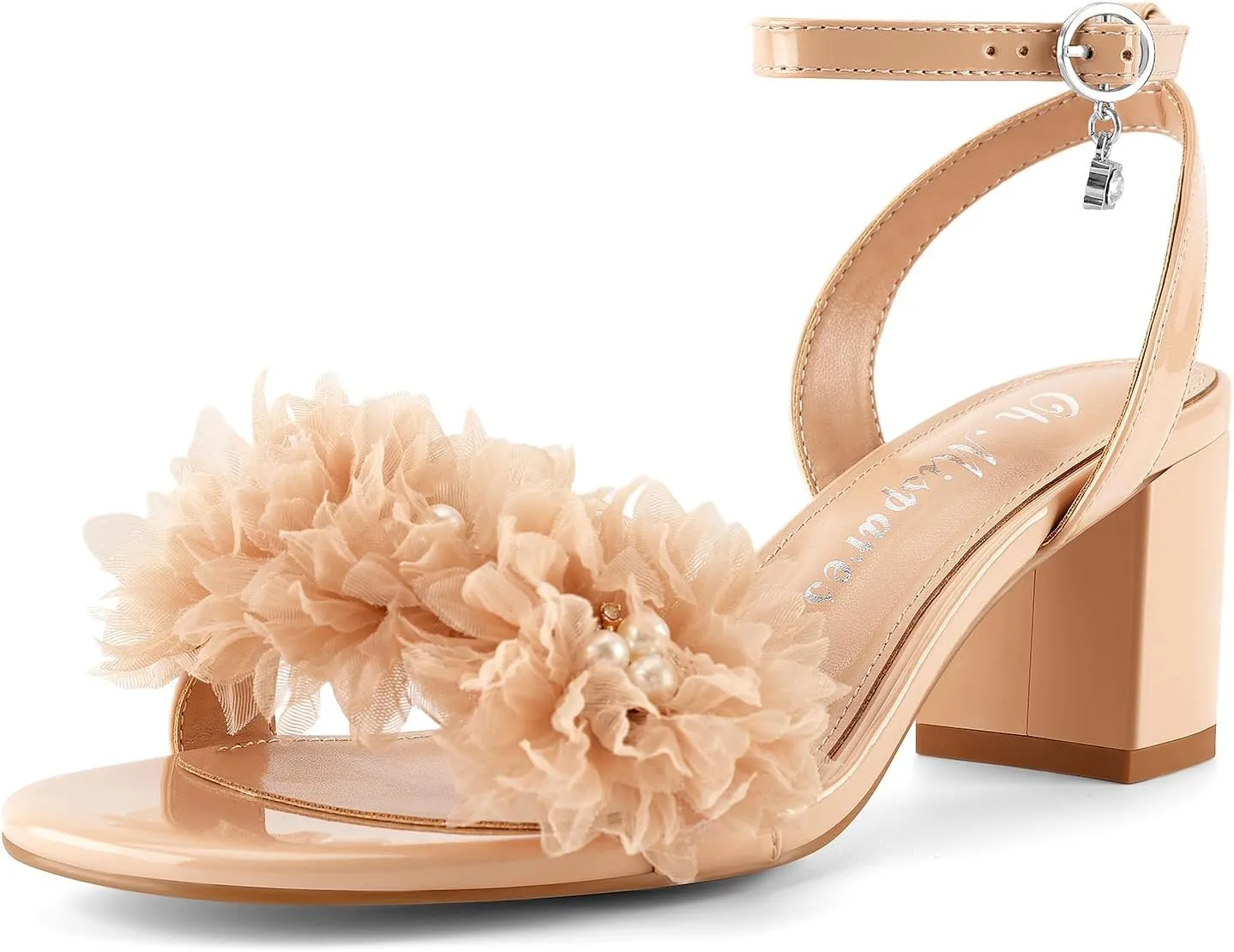 Oh Mispares Block Heel Sandals for Women Flower Pearl Heels Round Open Toe Ankle Strap Pink Elegant Heeled Sandals for Wedding Party Dressy