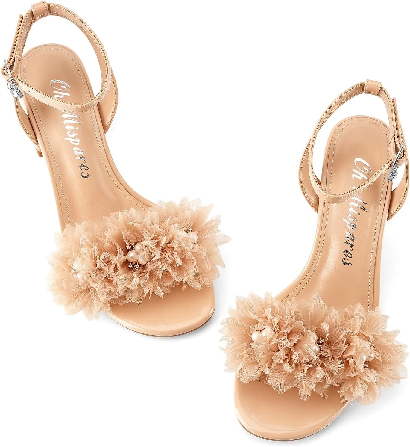 Oh Mispares Block Heel Sandals for Women Flower Pearl Heels Round Open Toe Ankle Strap Pink Elegant Heeled Sandals for Wedding Party Dressy