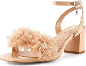 Oh Mispares Block Heel Sandals for Women Flower Pearl Heels Round Open Toe Ankle Strap Pink Elegant Heeled Sandals for Wedding Party Dressy
