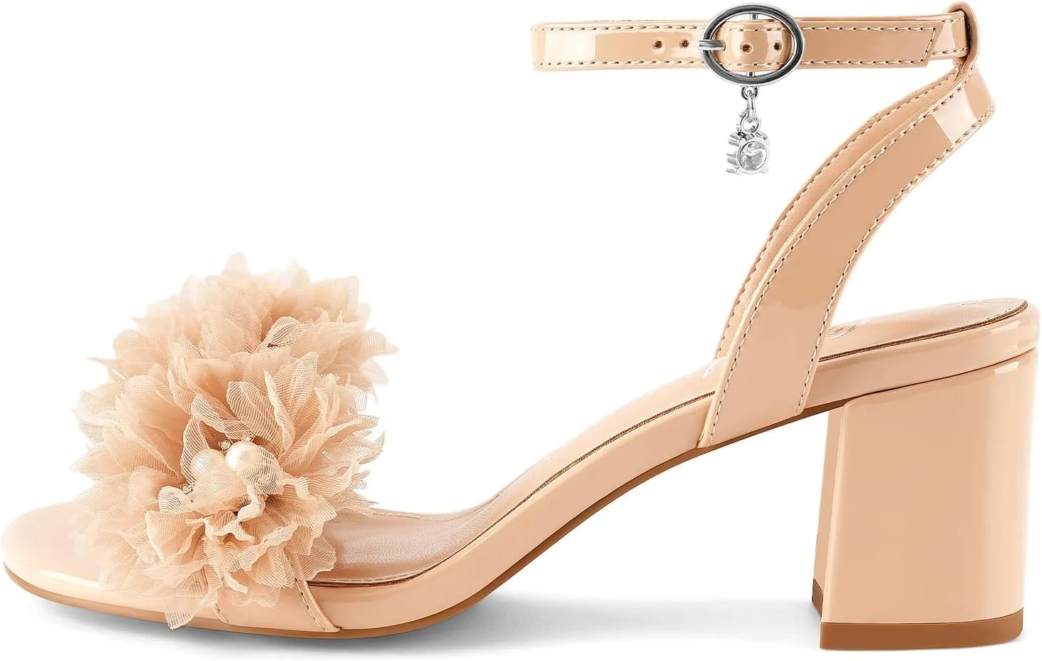 Oh Mispares Block Heel Sandals for Women Flower Pearl Heels Round Open Toe Ankle Strap Pink Elegant Heeled Sandals for Wedding Party Dressy