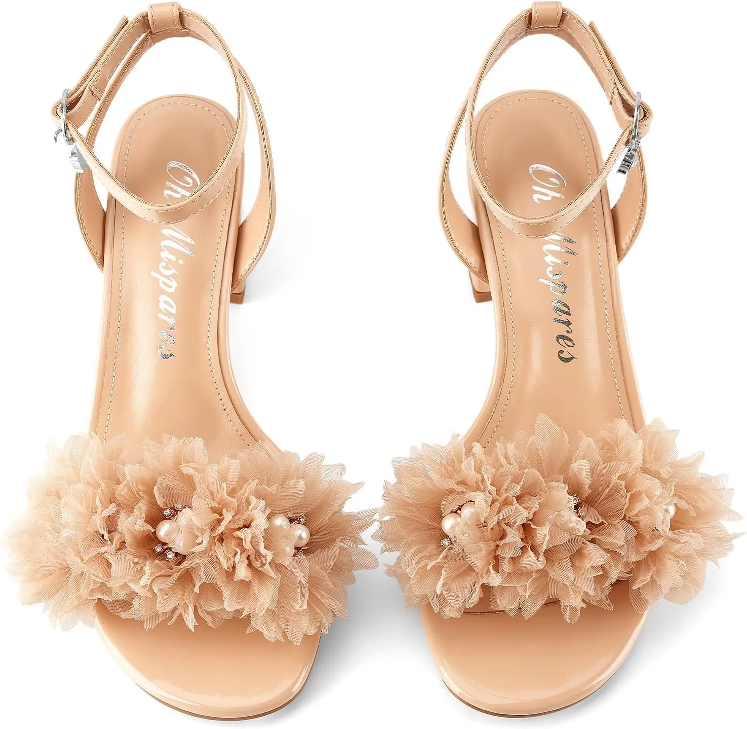 Oh Mispares Block Heel Sandals for Women Flower Pearl Heels Round Open Toe Ankle Strap Pink Elegant Heeled Sandals for Wedding Party Dressy