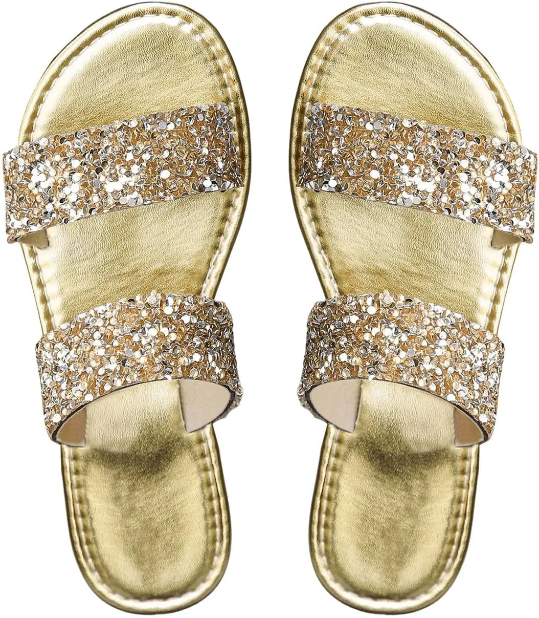 OYOANGLE Women's Metallic Sequin Sandals Double Straps Open Toe Slide On Flats Sparkly Outdoor Sandals