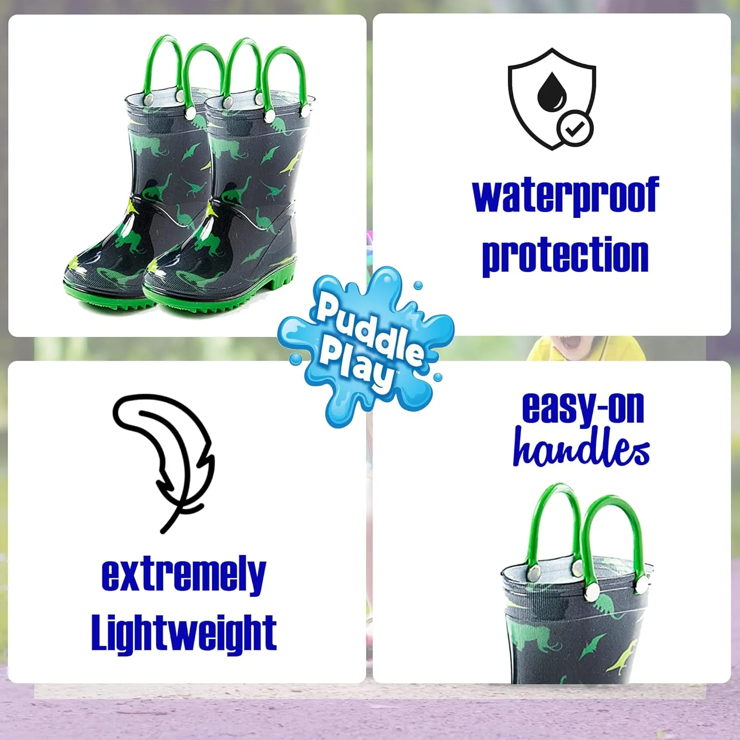 Puddle Play Toddler and Kids Waterproof PVC Rain Boots with Easy-On Handles – Lightweight Slip-Resistant Outdoor Boots for Boys and Girls