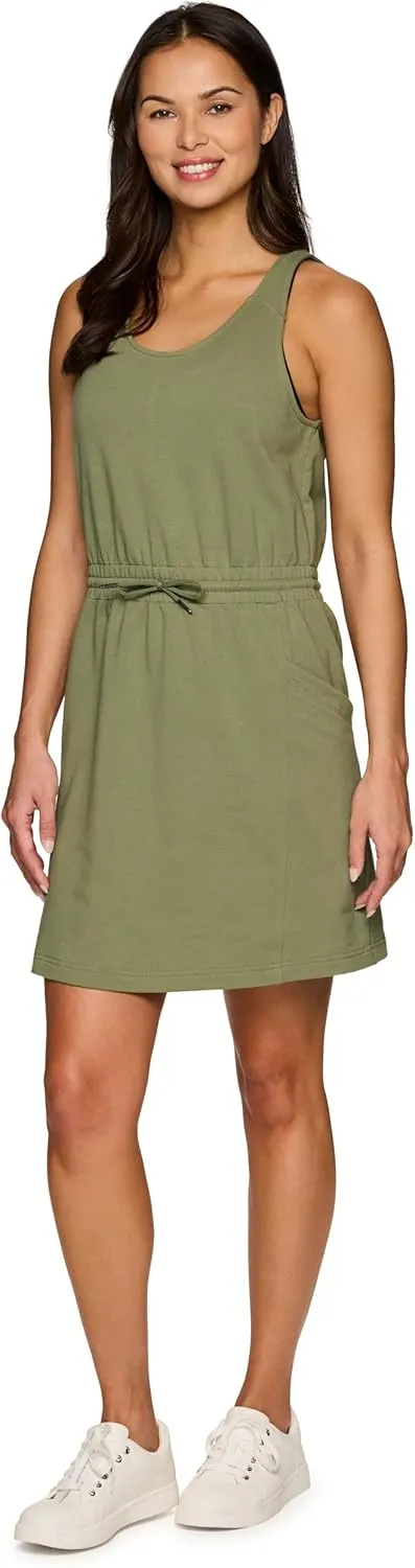 RBX Active Jersey Tank Dress Tunic for Women, Drawstring Waist Lightweight Heathered Cotton Blend Sun Dress with Pockets