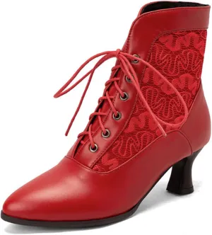 RiceelSor Women Lace Pointy Toe Kitten Heel Victorian Witch Boots Lace Up Round Toe Comfortable Bridal Costume Chunky Heel Plus Size Ankle Booties