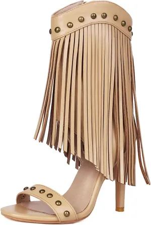SACFOF Womens Open Toe Fringe Stiletto High Heels Sandals Studded High Heeled Dress Wedding Gladiator Sandals