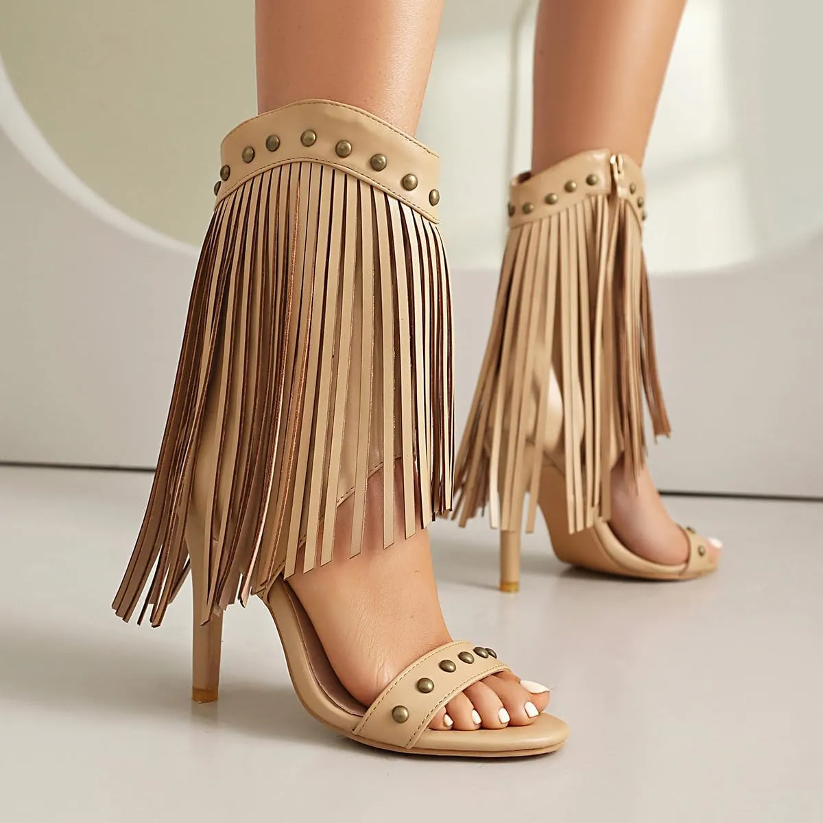 SACFOF Womens Open Toe Fringe Stiletto High Heels Sandals Studded High Heeled Dress Wedding Gladiator Sandals